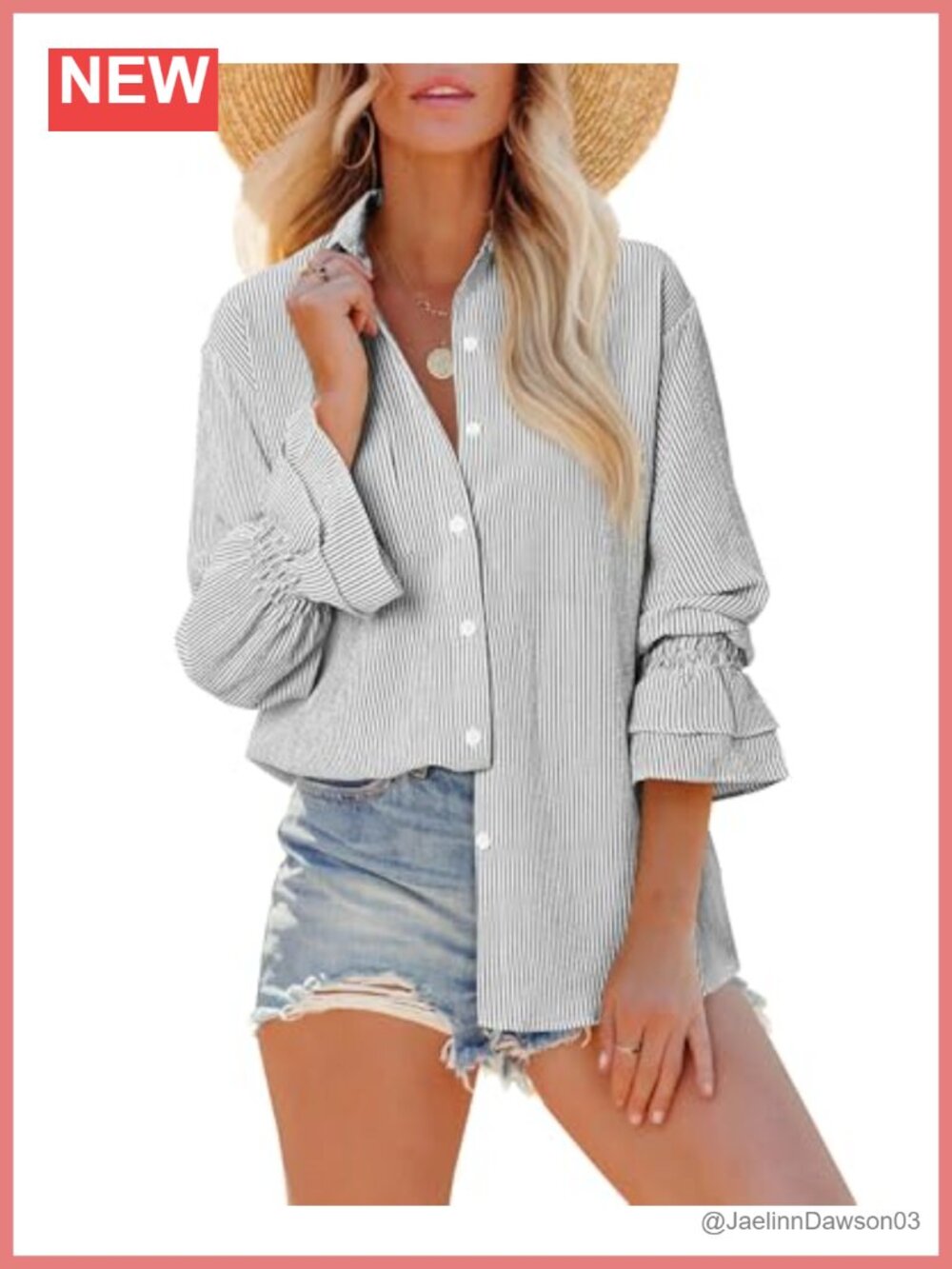 Oversized Smocked Button Down Shirt Ruffle Sleeve Women Blouse